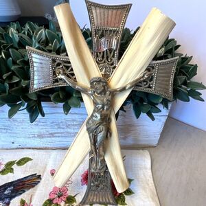 Catholic Crucifix ornate details Jesus on the cross pierced metal detail Antique